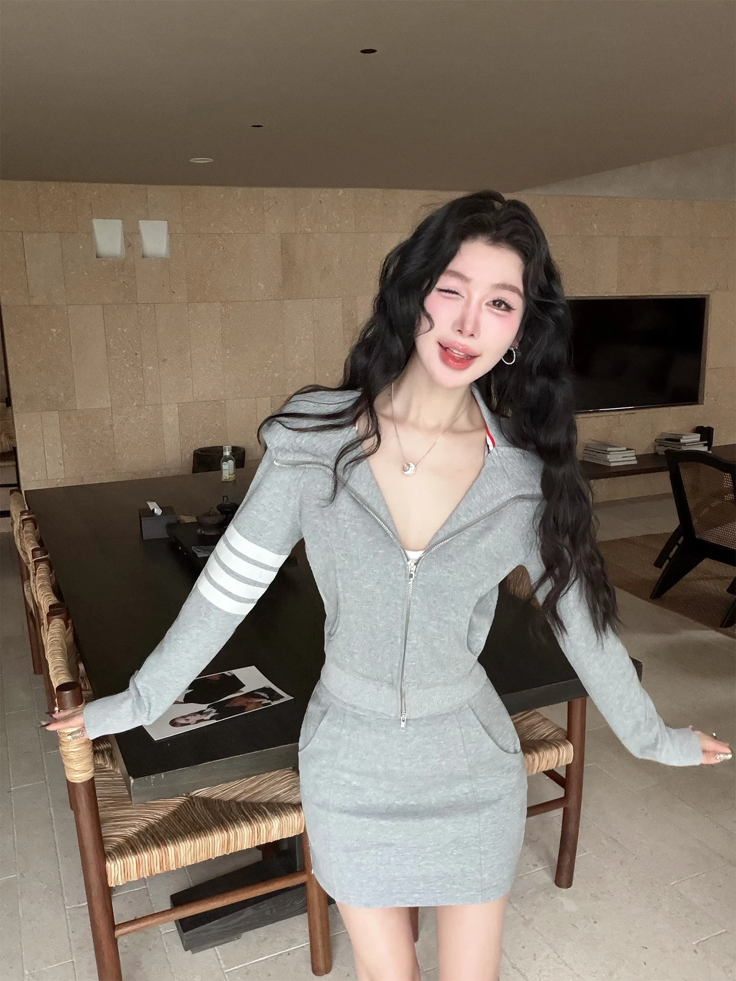 

LADIESFIRST Casual Versatile Korean Style Two-Piece Set with Slimming Hoodie And Elastic Waist Short Skirt for Women