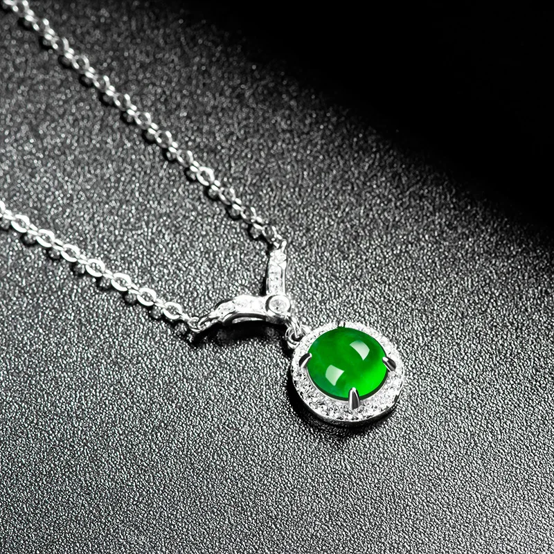 Natural a Cargo Emerald Green Noodles S925 Silver Inlay Jade Stone Women's Pendant Set Chain