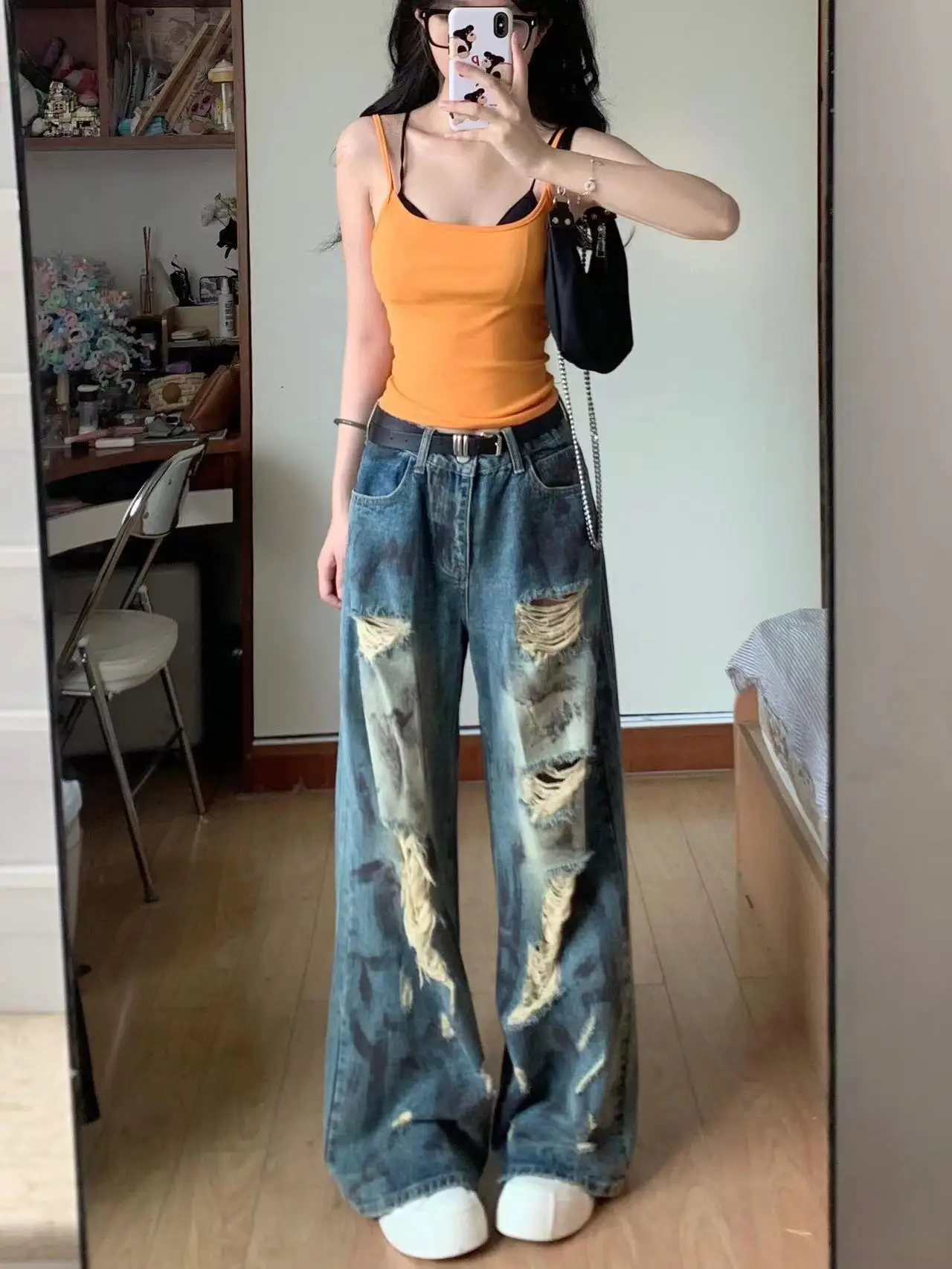 Summer New Style Ripped Floor Jeans For Women American Style Spicy Girls Straight Leg Loose And Lazy Style Wide Leg Demin Pants