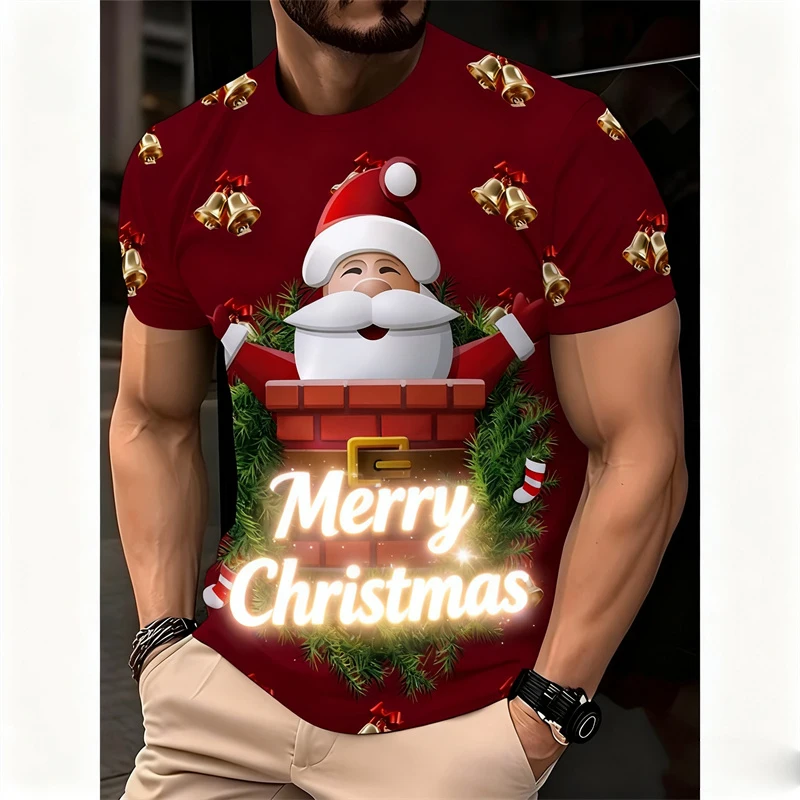 

Christmas Clothes Stripe Plaid T-shirt For Men 2026 Year Merry Christmas Funny Santa Claus Short Sleeve Tee Shirt Festival Trend