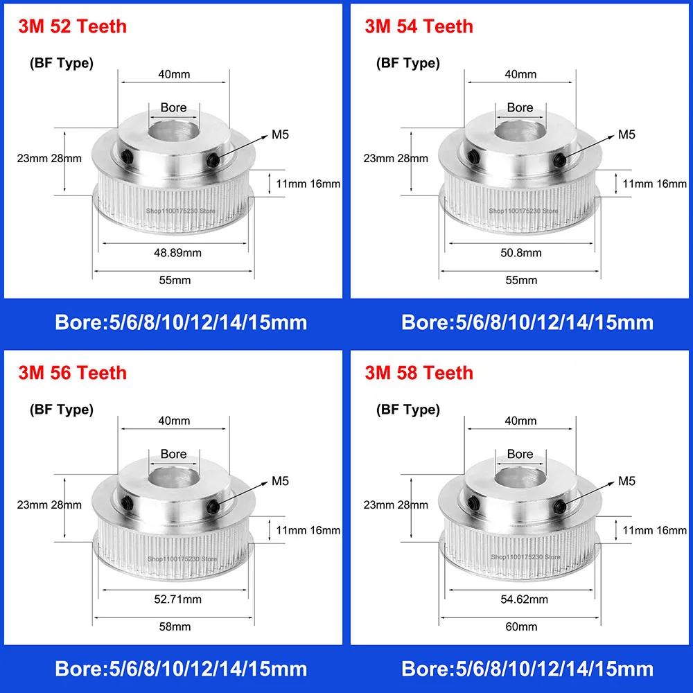 HTD 3M Timing Pulley 52/54/56/58 Teeth Synchronous Wheel Width 11mm 16mm BF Type Bore 5/6/8/10/12/14/15mm Transmission Parts