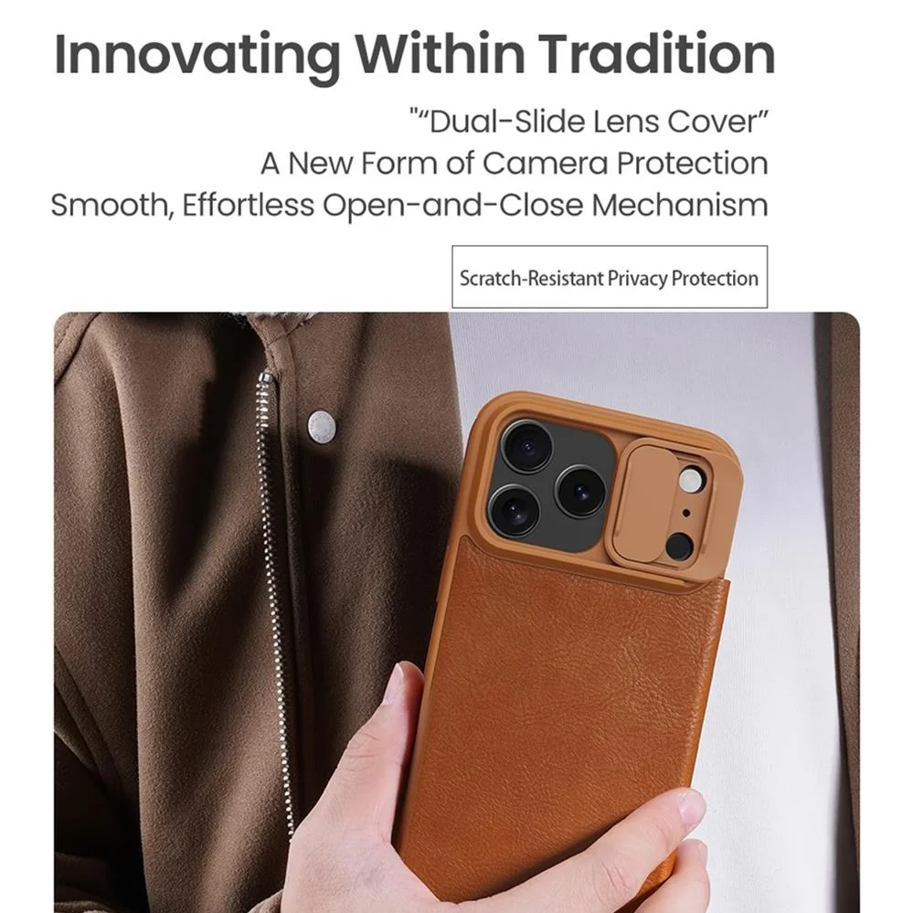 Nillkin Etui z klapką QIN Pro ze skóry z kieszenią na karty i przesuwaną osłoną aparatu do iPhone 17 Pro Max / 17 Pro / 17 / Air — zdjęcie produktu 4