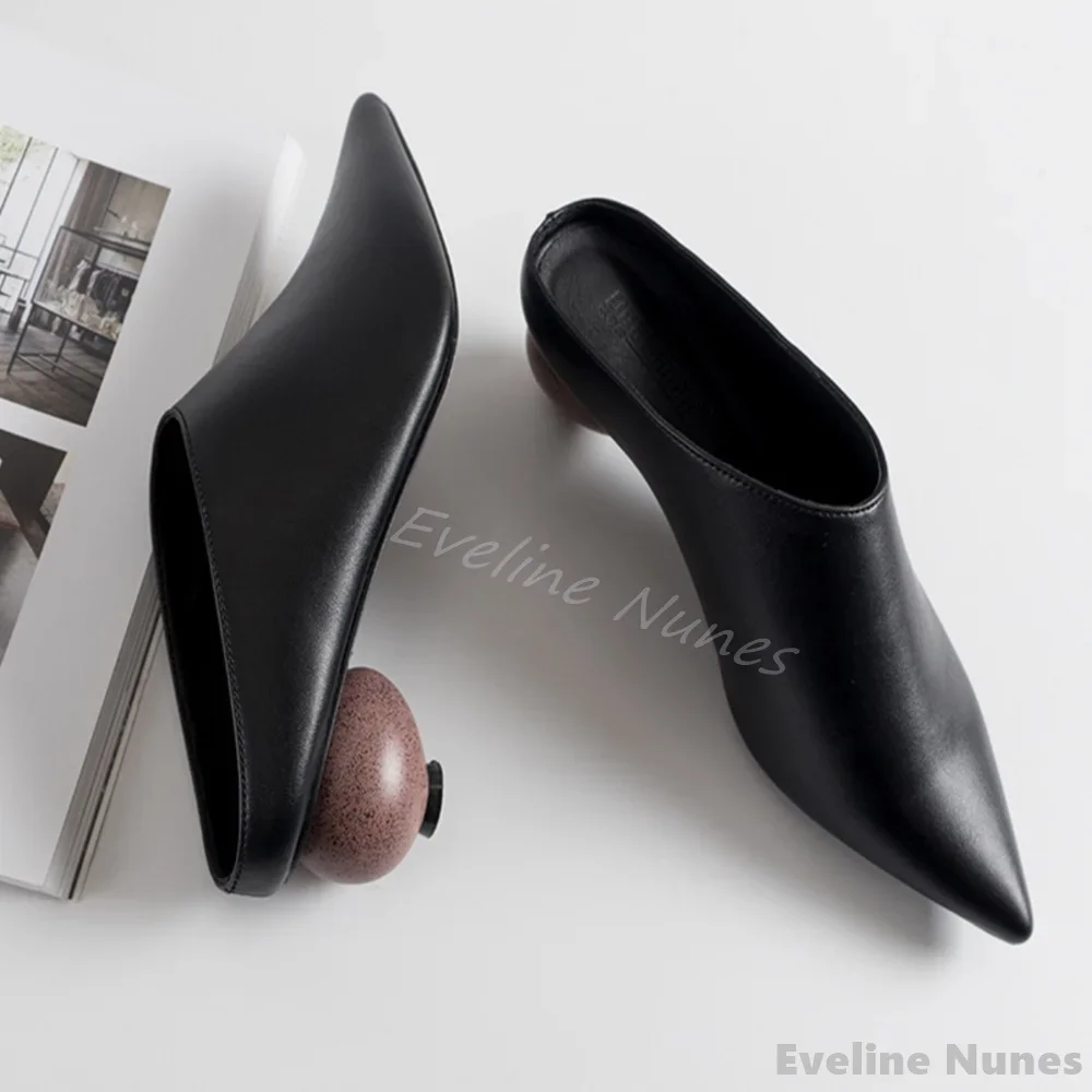 

Egg Low Heel Genuine Leather Pumps Women Solid Pointed Toe Cover Heels Slip On Casual Mules 2024 New Fashion Elegant Slippers