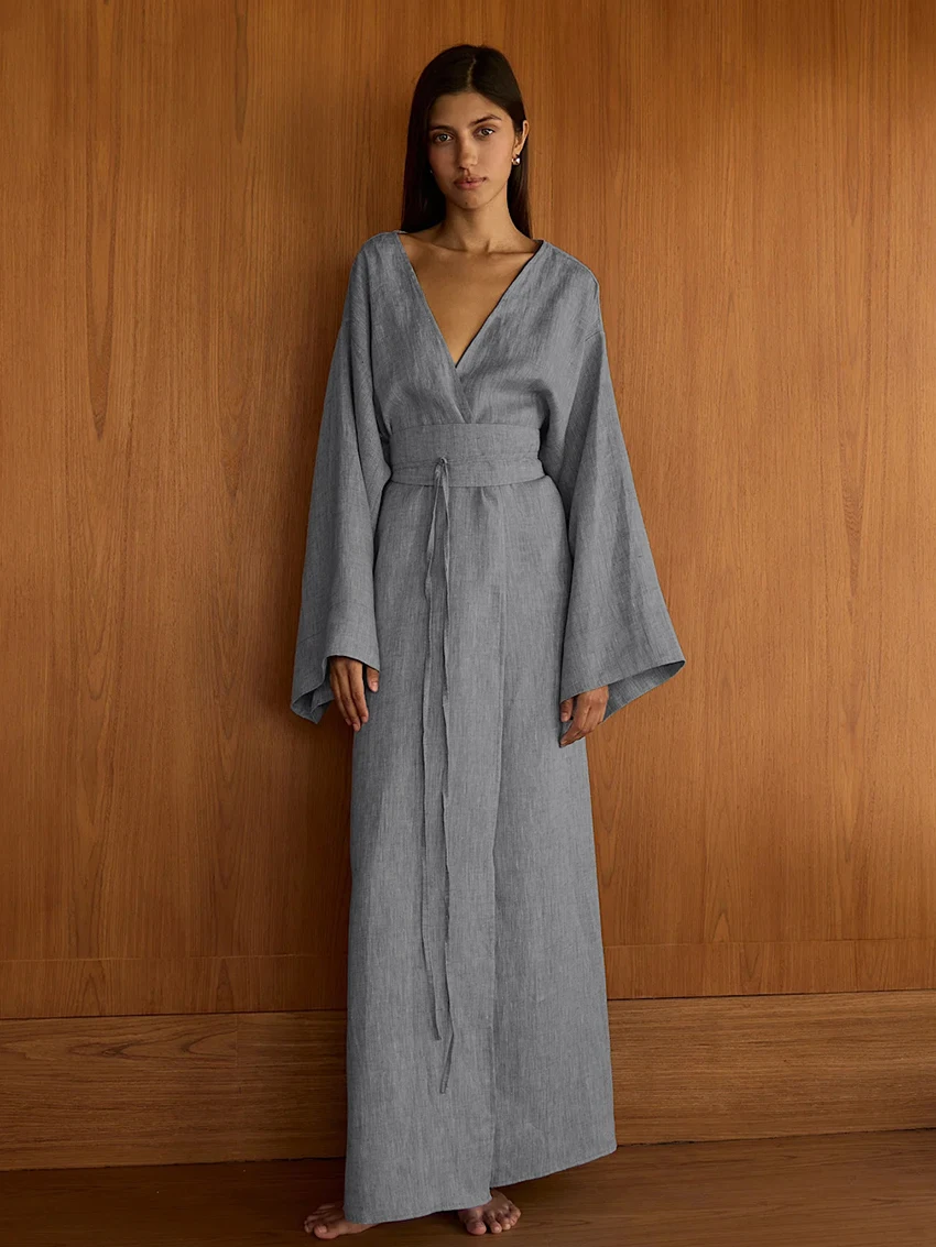 Marthaqiqi Casual Female Pajamas Long Sleeve Sleepwear Sexy V-Neck Nightwear Lace Up Nightgowns Ankle-Length Dress Women Nightie