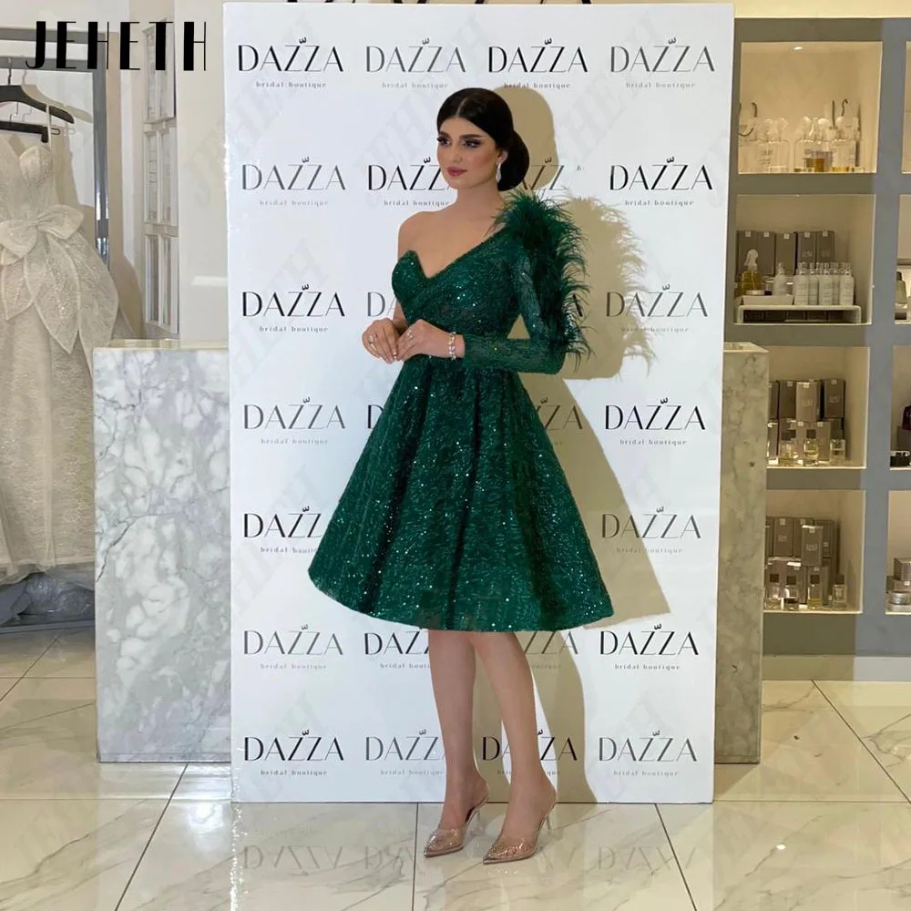 JEHETH Modern Navy Green Abito da sera Una spalla V-Neck Prom Abiti Dubai A-Line Tulle coJEHETH abito da sera moderno verde Navy monospalla con scollo a v abiti da ballo Dubai a-line Tulle con perline muslimexmuslimate