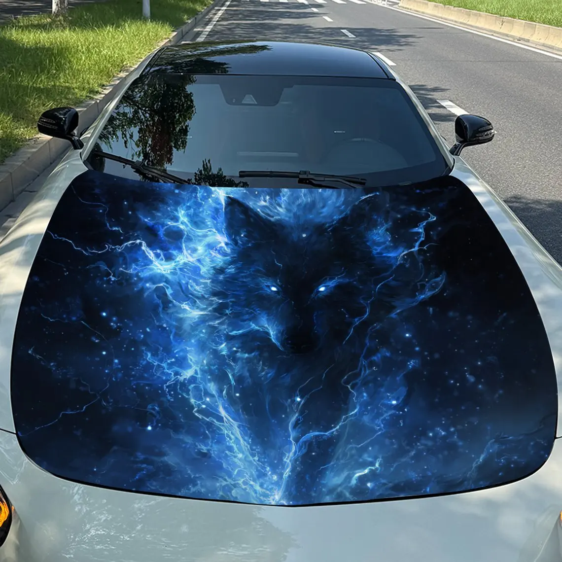 Cool Lightning Wolf Vinyl Decal - Universal Fit Paper Material Car Hood Wrap, Automotive Exterior Bonnet Sticker, Vehicle Modifi