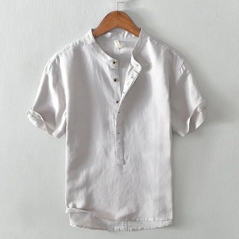 

Men's Short Shirt Cotton Linen Stand Collar Casual Style Summer Thin Material Comfortable Fit Pure Color Inner Wear
