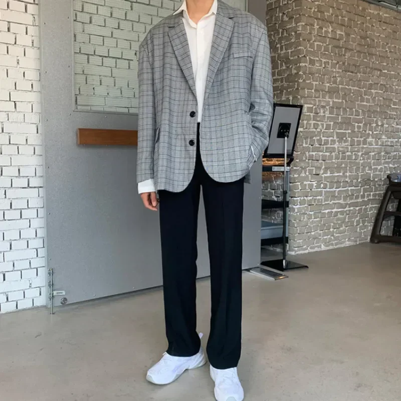 Plaid Blazer Men Oversized Fashion Society Mens Dress Jacket Korean Loose Casual Suit Jacket Mens Office Formal Jackets M-2XL