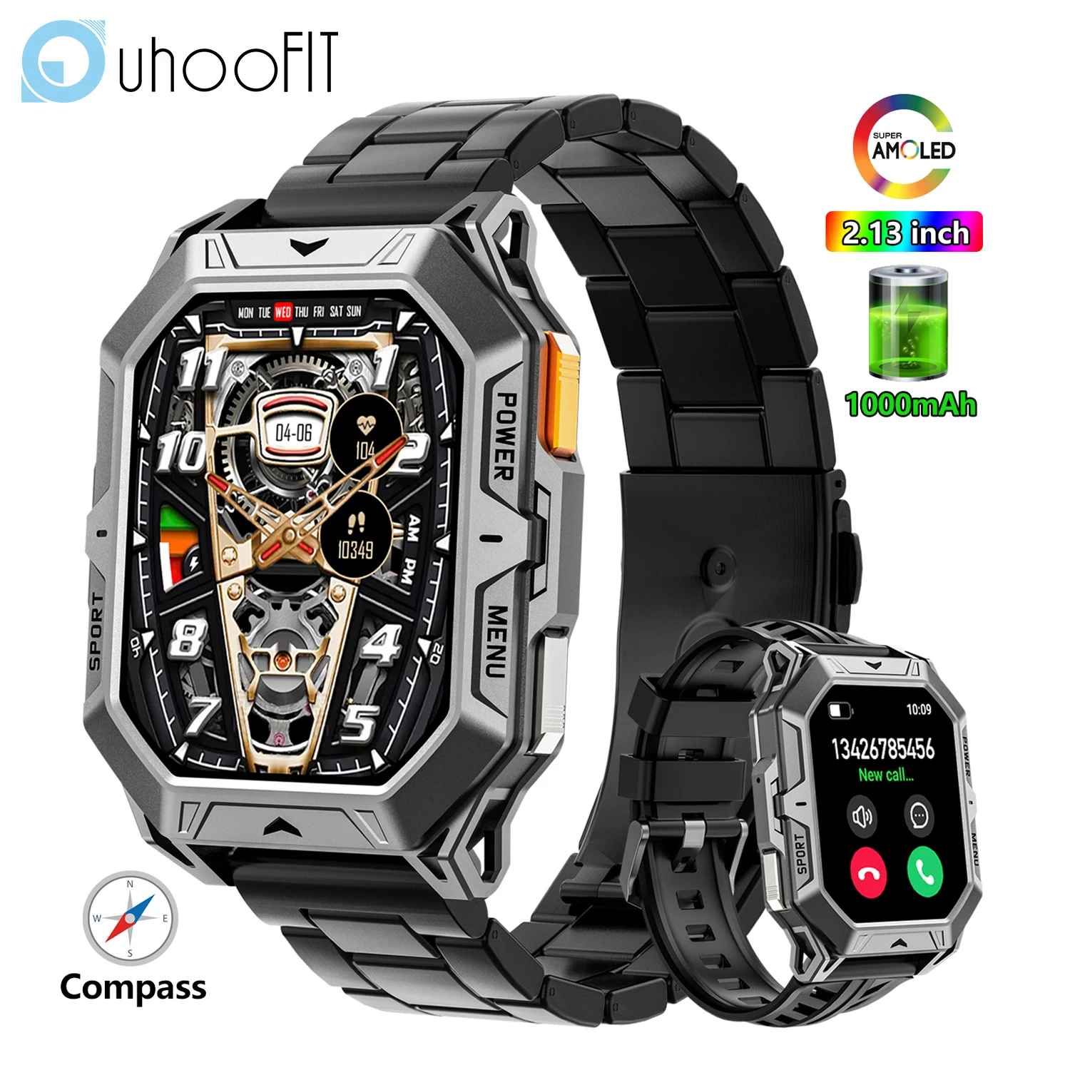 

2.13 Inch AMOLED Smart Watch 1000mAh Battery Outdoor Sport Watch Men Bluetooth Call Heart Rate Monitor Compass Women Smart Watch