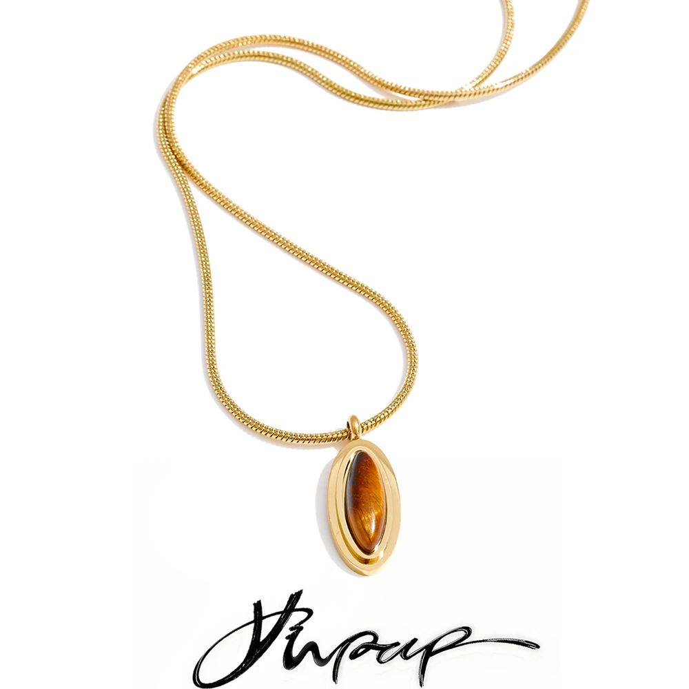 Yhpup mode acier inoxydable naturel tigre pierre ovale collier pendentif 18K PVD plaqué charme Chic attrayant femmes bijoux cadeau