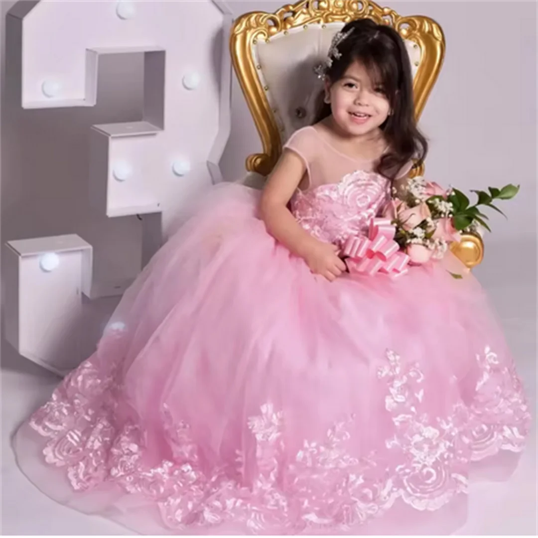 

Розовое платье с цветочным узором для девочек по индивидуальному заказу на свадьбу, тюль длиной до пола, классическое платье принцессы в подарок на день рождения, платье для первого причастия