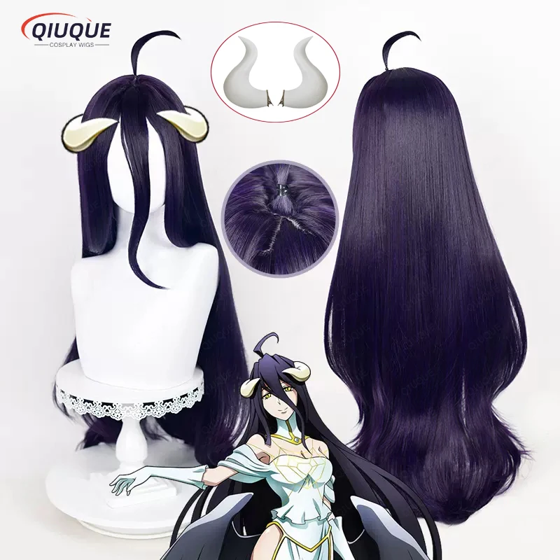 

Anime Overlord Albedo Cosplay Wig 100cm Long Dark Purple Black Heat Resistant Synthetic Hair Halloween Wigs + Wig Cap