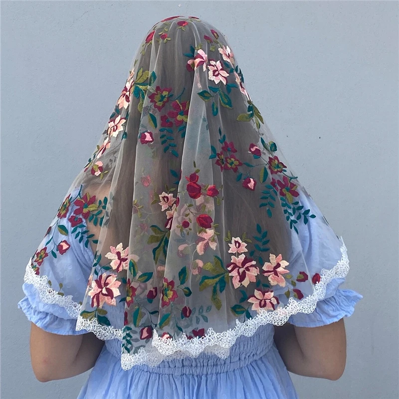 Gestickte Blumen Mantilla Latin Masse Kirche Schleier katholische Kapelle Frauen weiß schwarz Spitze Trim rosa rote Blumen Tüll Vintage