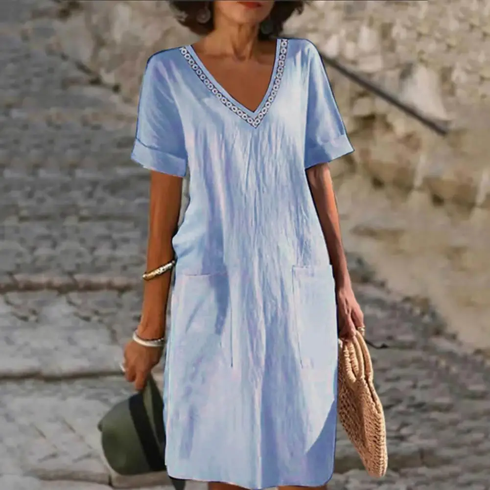 

Summer Women Dress V Neck Short Sleeves High Waist Side Pockets Solid Color Loose Casual Midi Dress Ladies Cotton Linen Dresses