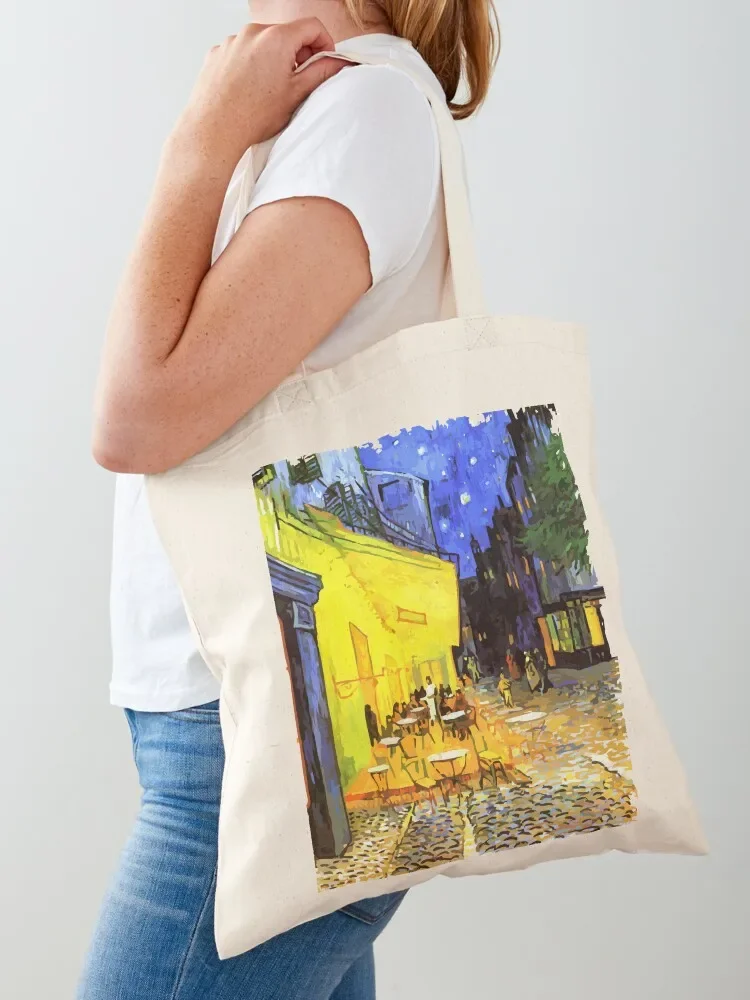 Pintura basada en cafetería, terraza por la noche, bolso de mano, bolso de mano personalizado, bolso de compras universitario, lienzo para mujer