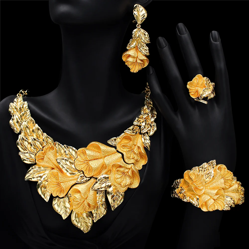 Dubai Nigeria Jewelry Set For Women 18K Gold Plated Necklace Set Drop Earring 4PCS Full Set Jewelry Party Banquet Accessories