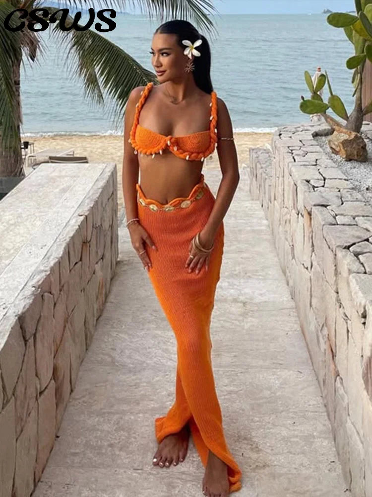 

Сексуальные вязаные топы без рукавов, женские однотонные комплекты на бедрах с высокой талией, женская длинная юбка, тонкий костюм бикини без рукавов на бретельках