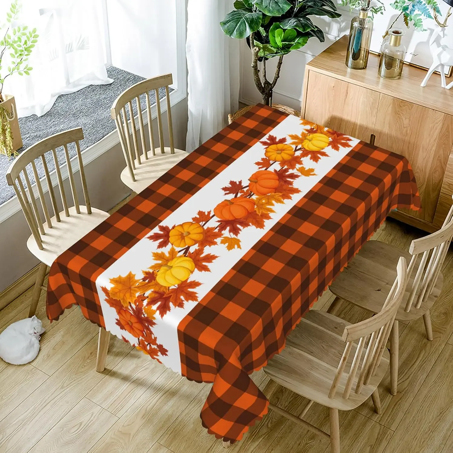 Fall Pumpkins Maple Leaves Buffalo Plaid Rectangle Tablecloth Table Decor Reusable Kitchen Dining Tablecloth Autumn Decorations