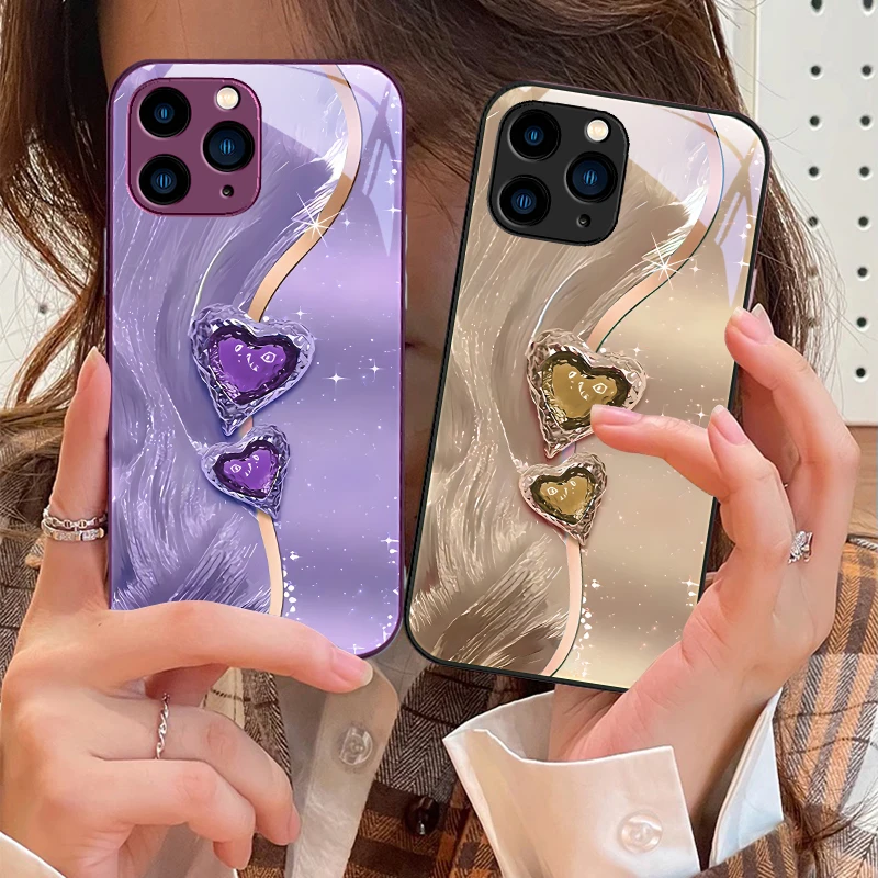 

Amber Double Love For IPhone 16 Pro Max 15 Pro 14 13 12 Mini 11 XS Max XR 7 8 Plu SE 2022 Tempered Glass Phone Case