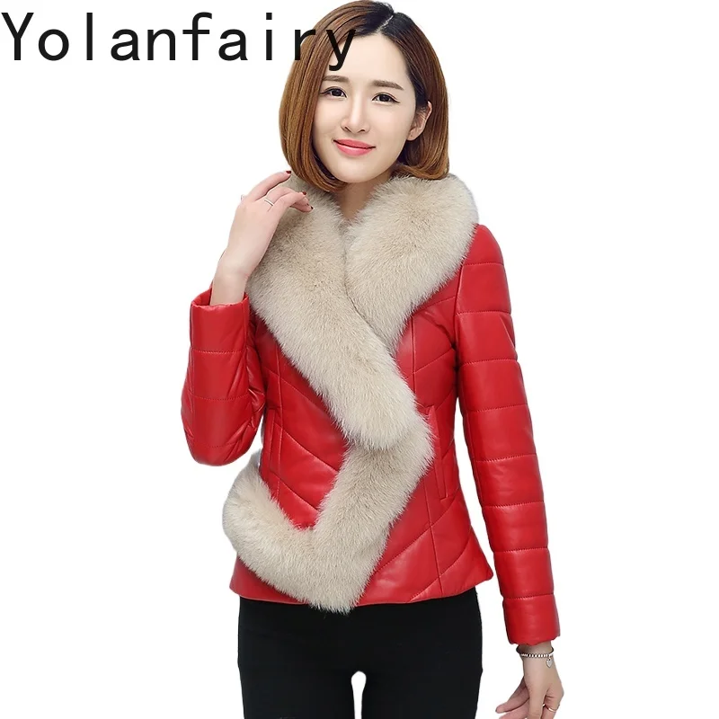 YOLANFAIRY معطف قطني من جلد الغنم الحقيقي للنساء لخريف وشتاء 2025 سترة من الجلد الطبيعي للسيدات بياقة من فرو الثعلب سترات دافئة قصيرة