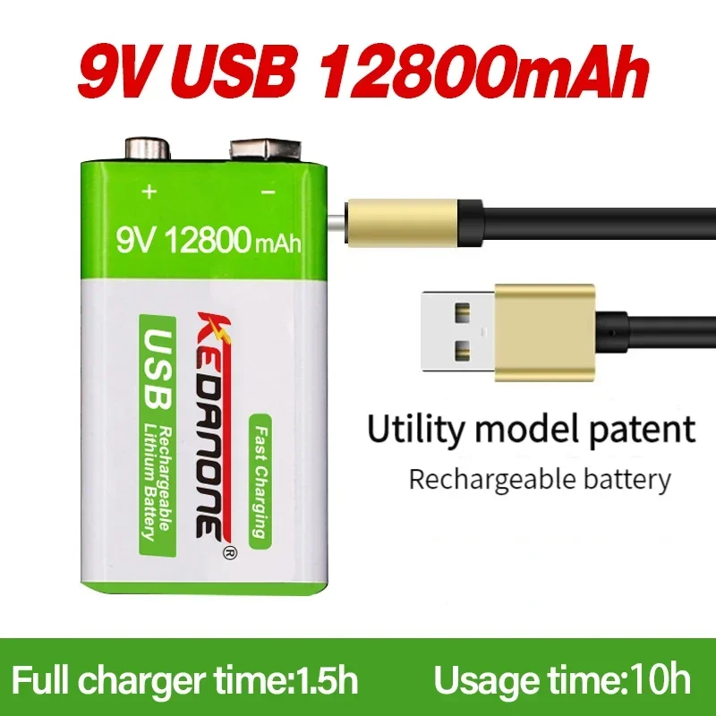 

2024 New 9V 12800mah lithium ion rechargeable battery type-C USB battery 9V multimeter lithium microphone metal detector + cable