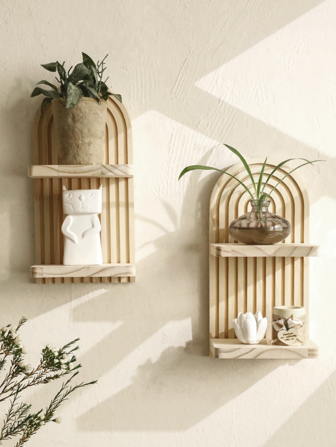 1Pc Boho Style Wooden Wall Shelves - Geometric Wall Mounted Shelves, Natural Wood Finish, Modern Home Decor, Plant Decorative