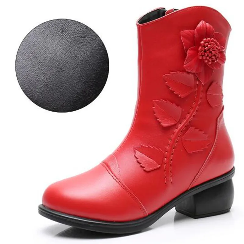 الفاخرة النساء أحذية امرأة اليدوية خمر جلد طبيعي أحذية بكعب منخفض جولة تو جودة عالية الشتاء موضة منتصف العجل الأحذية #5