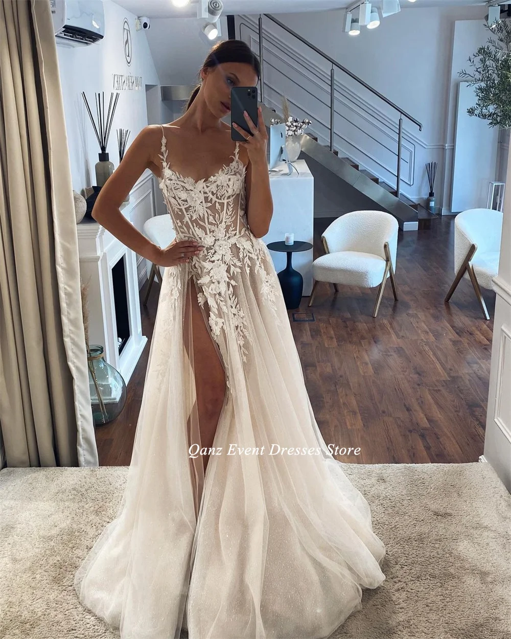 Qanz Spaghetti Straps Beach Tulle Wedding Dress Sexy V-neck Side Split Appliques Bride Gowns Vestido De Novia Dresses for women