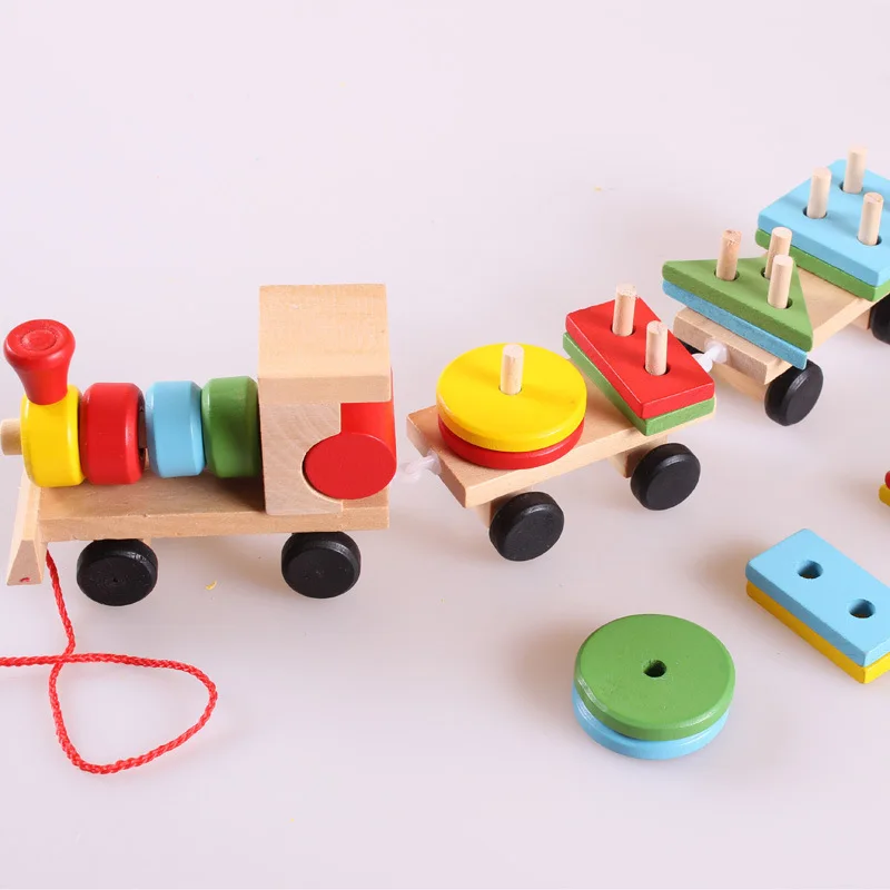 

Three wooden shaped small trains, children's intellectual puzzle toys, early education toys