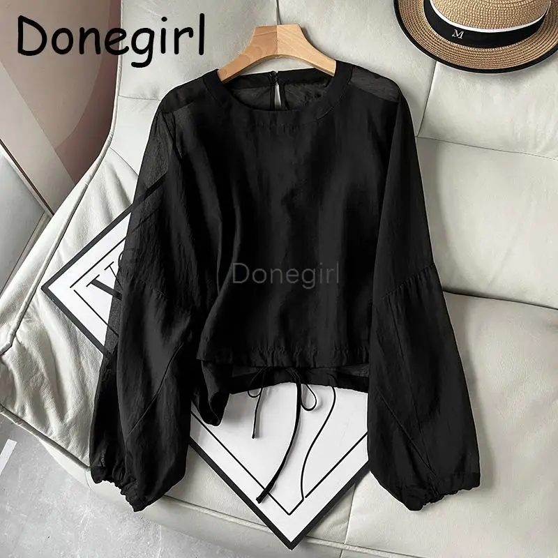 Donegirl 2024 primavera estate nuove donne manica lunga girocollo camicia solido semplice elegante sottile nero camicette top grembiule femminile