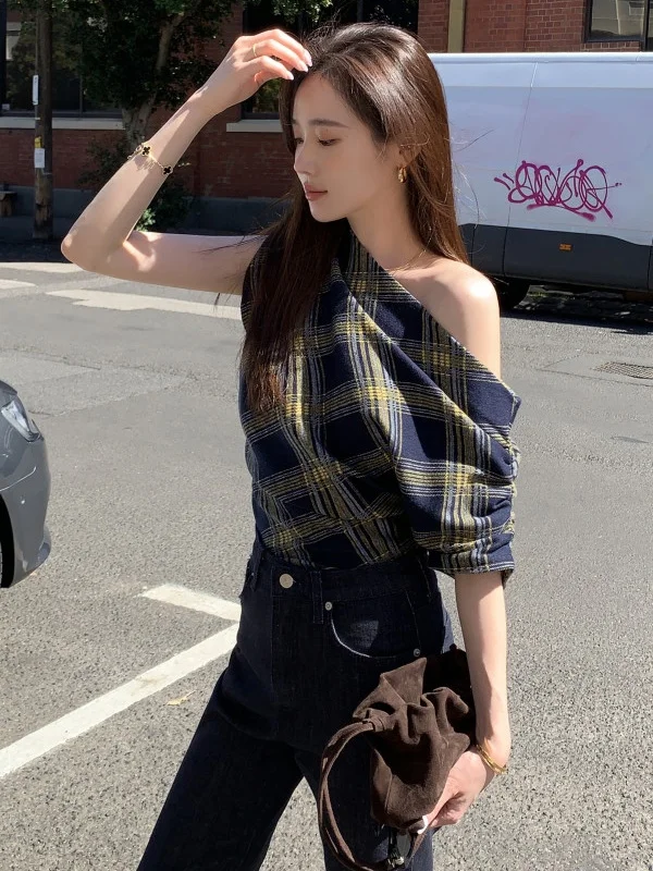 

Retro Plaid Women's irt Casual Versatile Asymmetrical oulder Design Summer Pure Desire Sle Korean Version Slim Fit irt