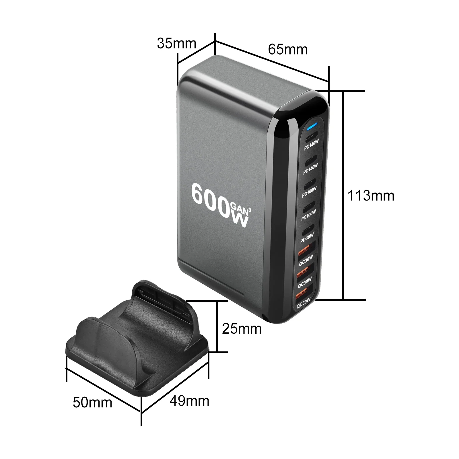 Nuevo cargador rápido USB tipo C 3,0 GaN Fast Charge de 600W con 8 puertos, cargador PD 5C3A para teléfonos y tabletas, diseño portátil