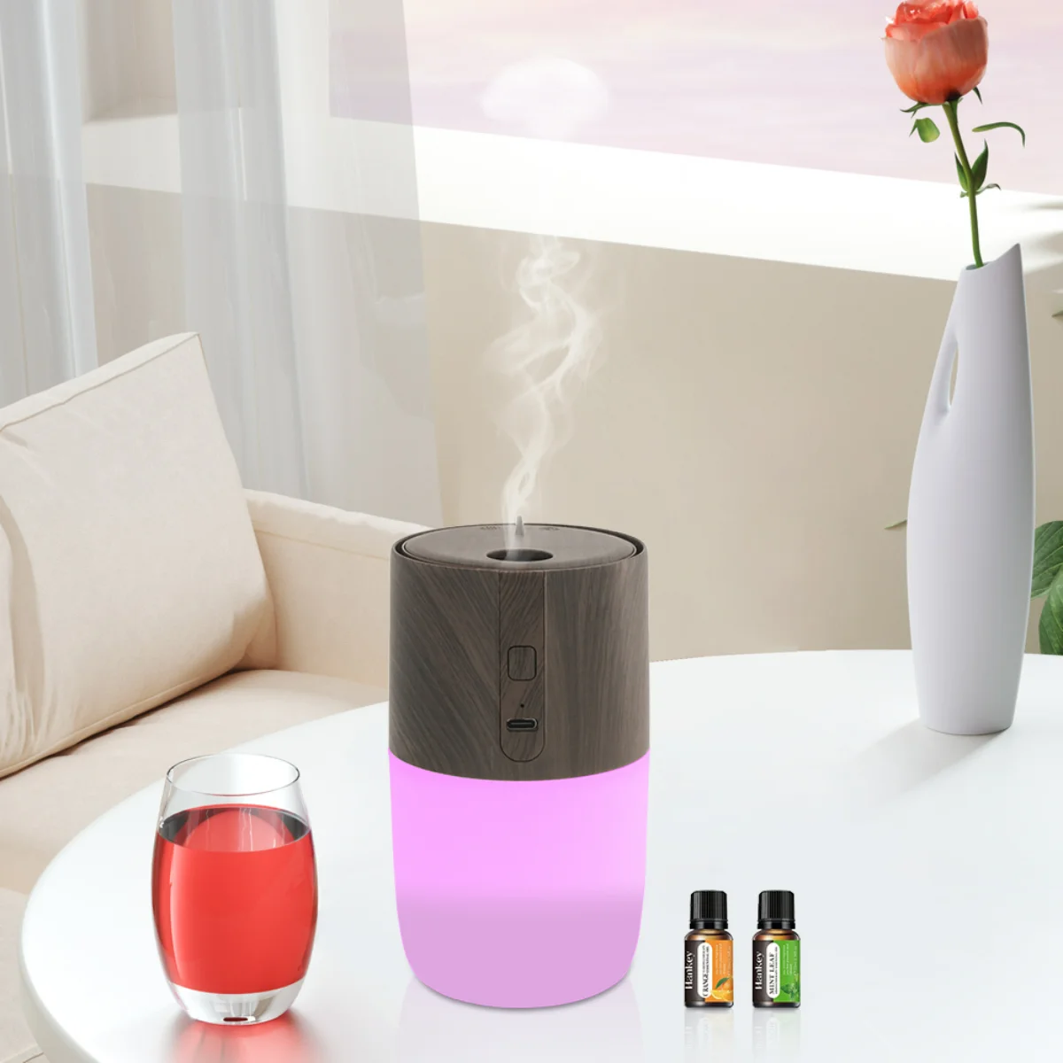 

300ml Wood Grain Aromatherapy Diffuser Humidifier, Air Purifier & Mood Light, Includes 2 Essential Oils