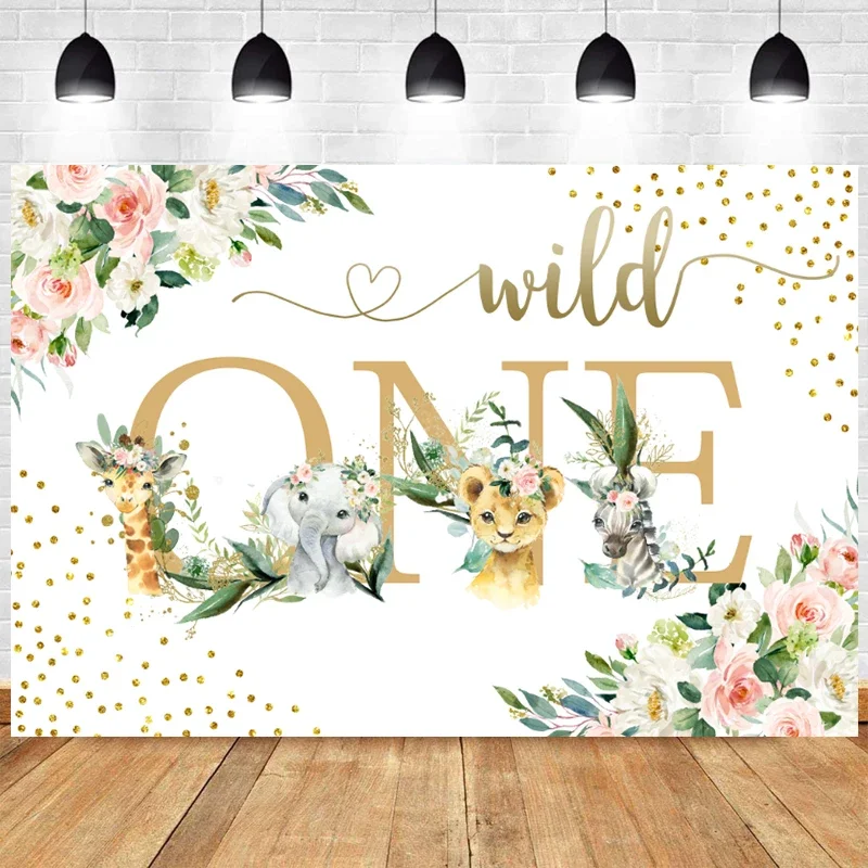 Wild One Backdrop Girls Lion Jungle Safari Animal Happy Birthday Party Baby Shower 1st Photography Background Decor Photo