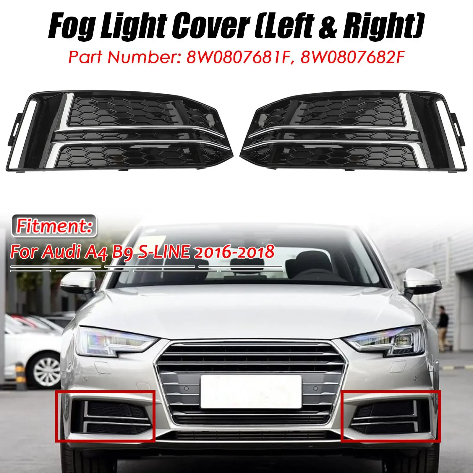 1 Pair Chrome Honeycomb Front Bumper Fog Light Grille Lower Grill Cover For Audi A4 B9 S-LINE 2016 2017 2018 Car Accessories