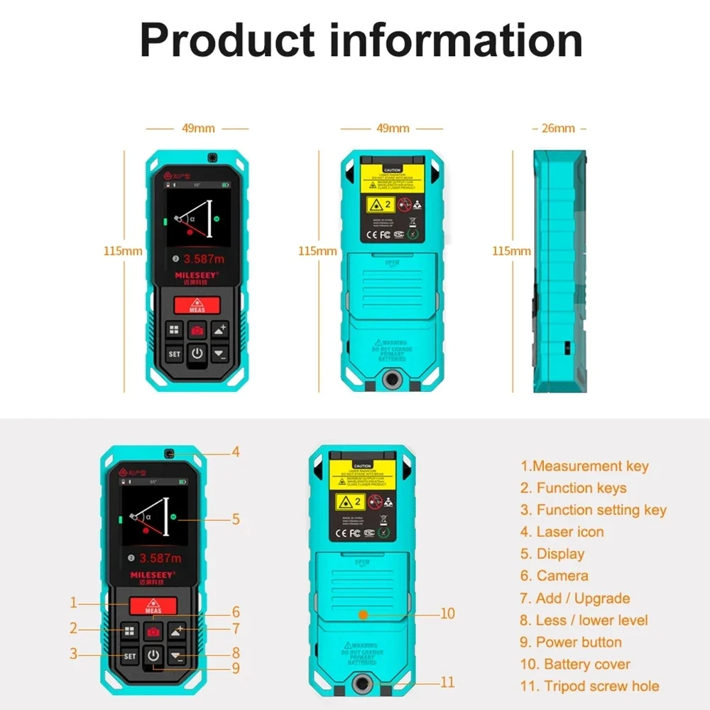 카메라 레이저 거리 계량기, MILESEEY S2 전문 야외 블루투스 거리계, 모든 2 점 측정 도구, 100m, 200m