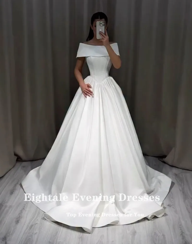 Eightale Arabic Wedding Dress Customized Ivory Scoop Bridal Gown Cap Sleeves Satin Muslim A-Line Bride Party Dress