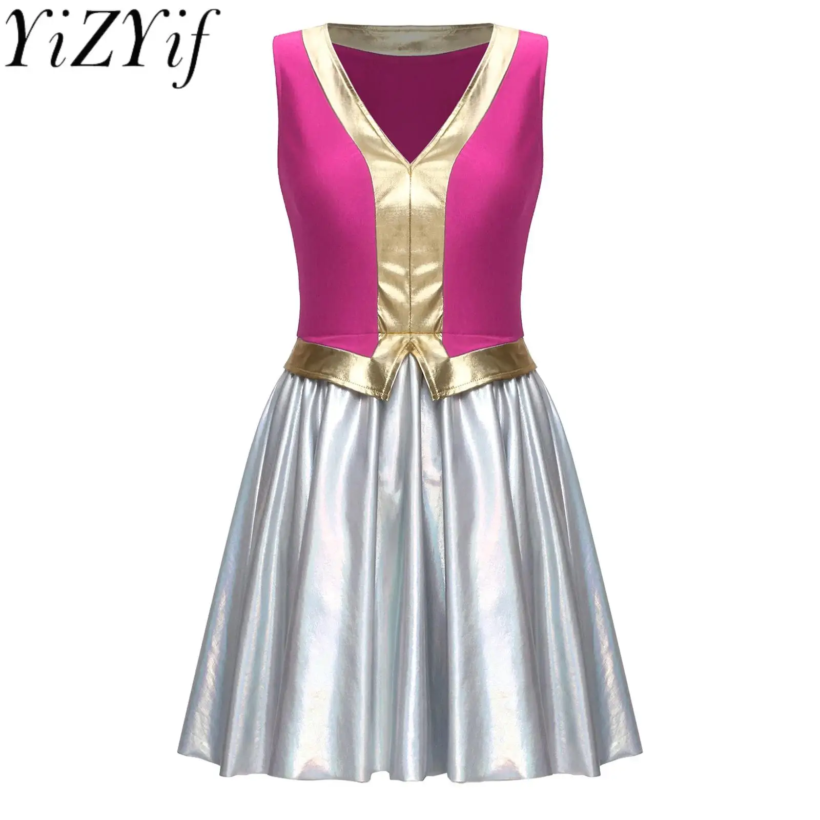 

Women Halloween Arabic Indian Princess Cosplay Dress Sleeveless Metallic Patchwork A-line Dress for Masquerade Carnivals Uniform