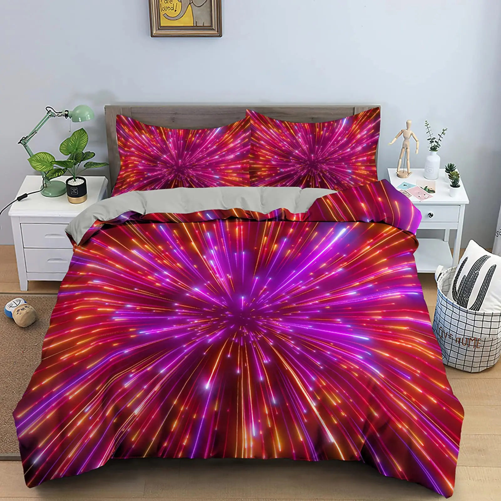 Colorful Fireworks Print Duvet Cover Rainbow Twinkle Romantic Starry Night Quilt Cover Pillowcase Breathable Soft Bedroom Decor