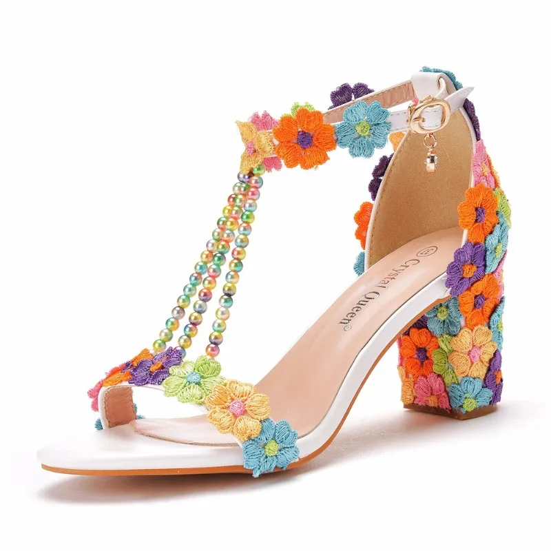 Nuevas Sandalias de Tacón Alto de 7cm para Mujer, Marca 2026, con Boca Poco Profunda, Encaje Blanco y Cuentas, Zapatos de Novia para Boda, Sandalias de Tacón Grueso para Mujer