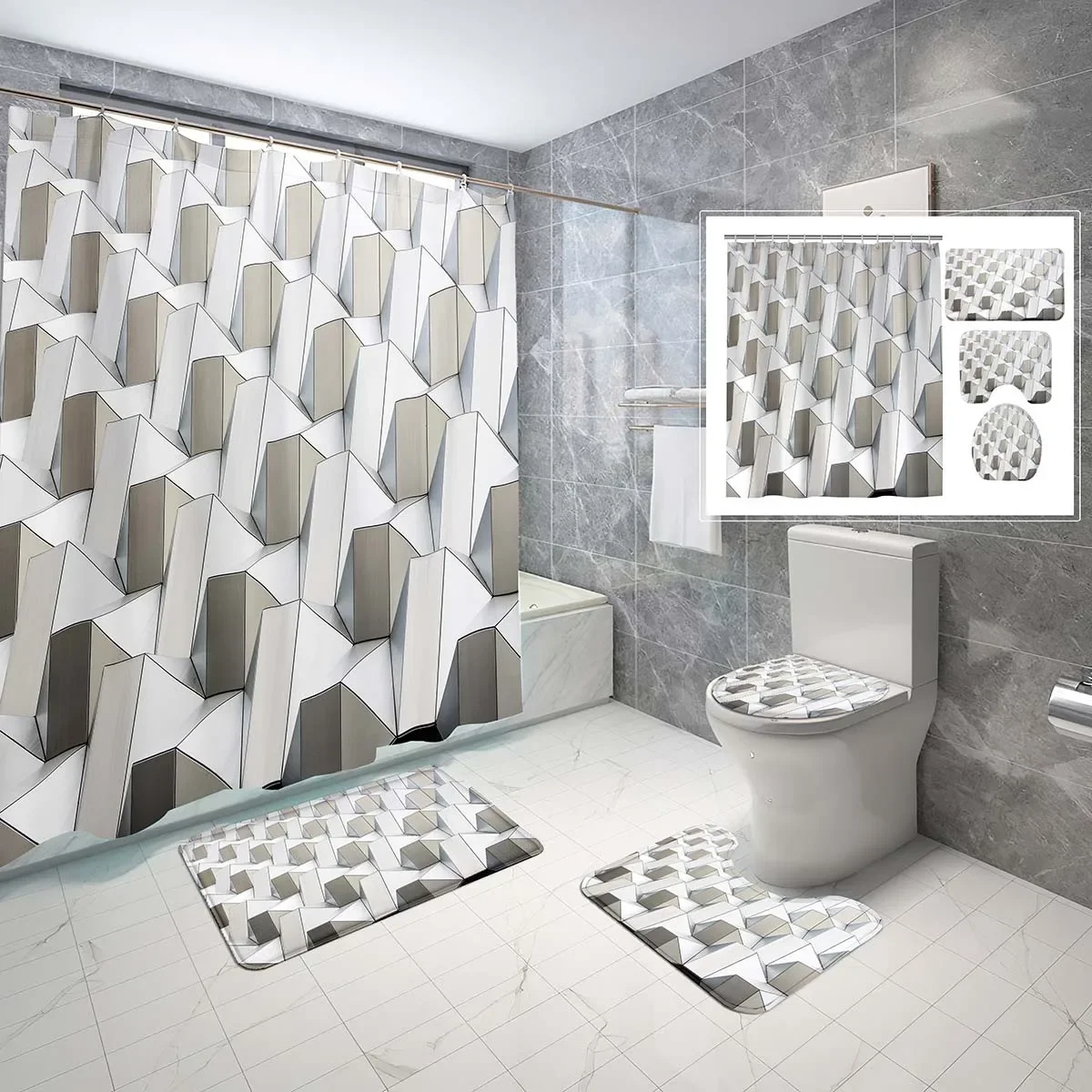 Geometric Theme Shower Curtain Sets 4 Pcs White 3D Rectangle Pattern Non-slip Bath Mat Toilet Lid Waterproof Shower Curtain Set