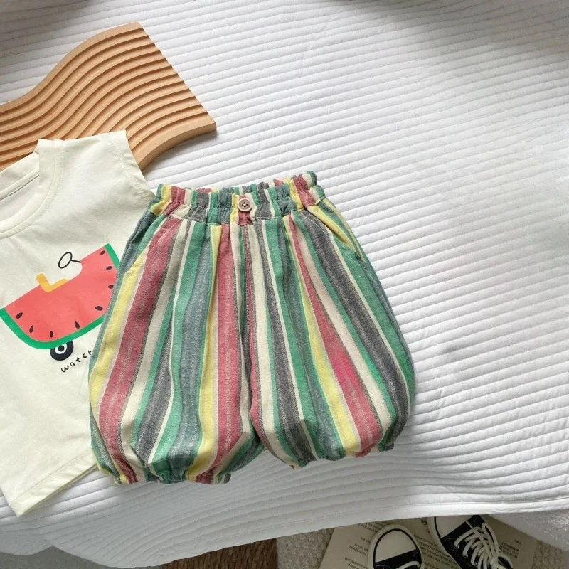 Ärmelloses Tanktop mit Wassermelonen- und Auto-Print für Kleinkinder, bunt gestreifte, lockere Shorts, 2-teiliges Sommer-Freizeit-Outfit-Set – Detail 6