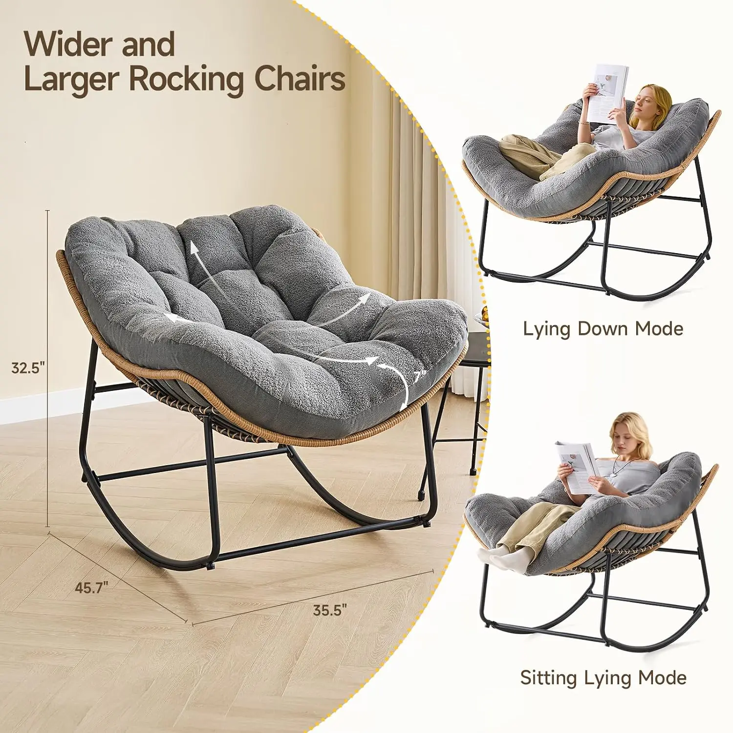 Outdoor Rocking Chairs, Oversized Papasan Rocking Chair, Gray