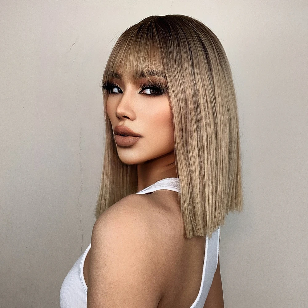 ALAN EATON Blonde Synthetic Bangs Wigs Short Straight Mixed Brown Wigs for Black Women Daily Cosplay Party Use Heat Resistant