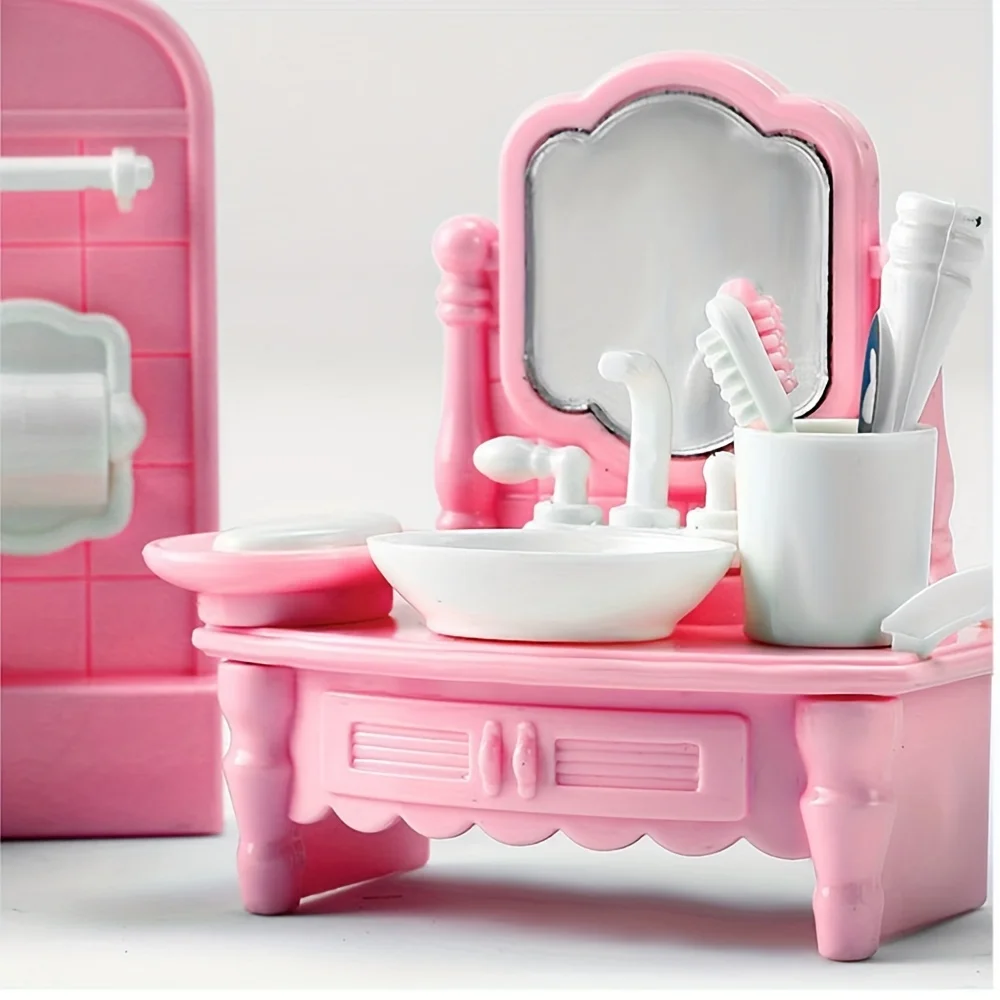 ชุดอุปกรณ์ตกแต่งบ้านตุ๊กตาขนาดเล็กสีชมพู ชุดเฟอร์นิเจอร์บ้านจิ๋ว คอลเลคชั่นห้องนอน ห้องนั่งเล่น ห้องครัว ห้องน้ำ