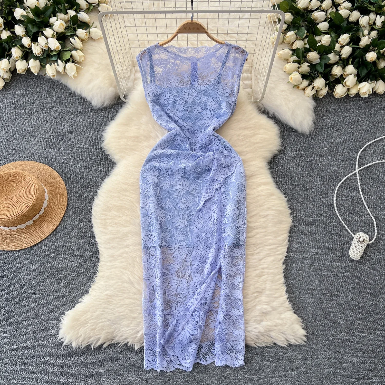 Vintage O-neck Chic Sleeveless Slim See Through Lace Split Dresses and Straps Dress French Evening High Street Women Clothing