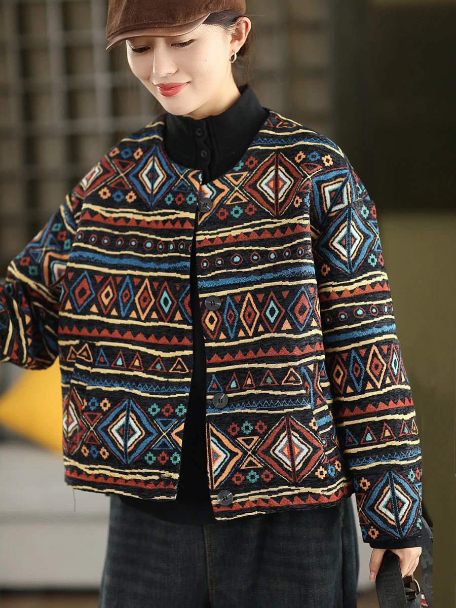 

Ретро-куртка женская утепленная с круглым вырезом, на одной пуговице, с геометрическим узором, длинный рукав