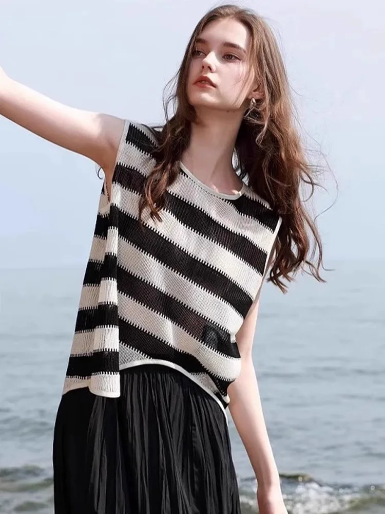 

Модный цветной полосатый вязаный топ из ледяного шелка, трикотажная одежда, лето 2025, бренд Ele, европейский стиль, жилет