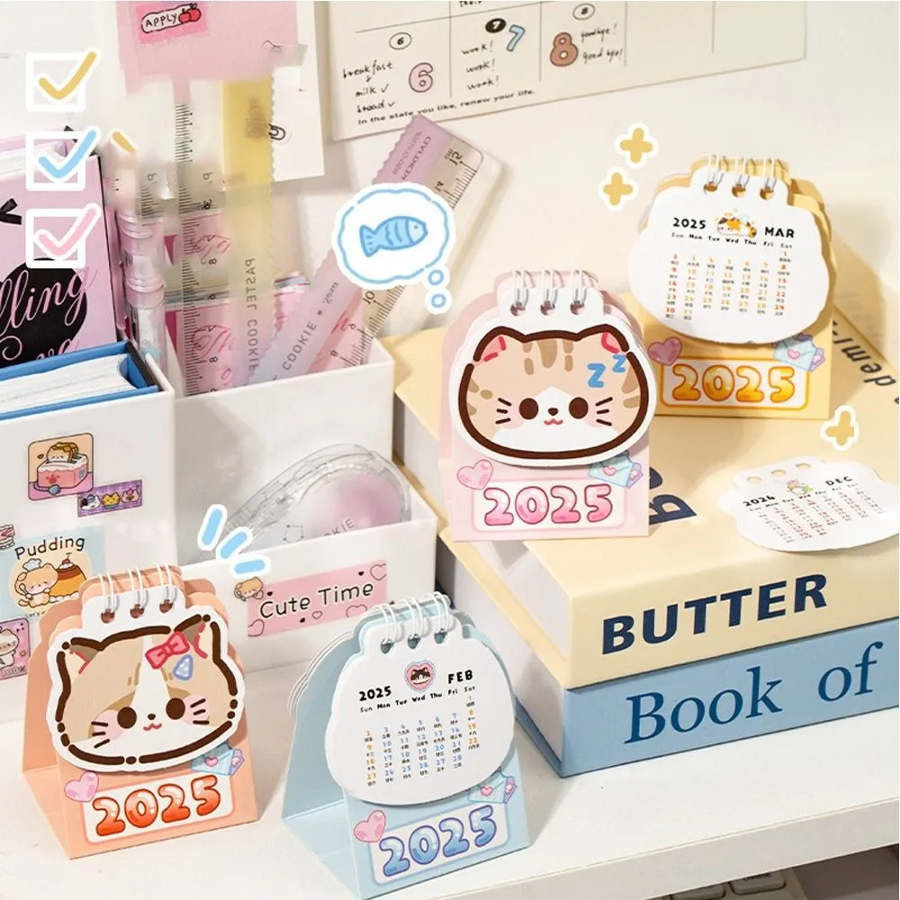 Portable 2025 Mini Desk Calendar Cartoon Cat Coil Planner Desktop Calendar Daily Organization To Do List 2025 Coil Calendar Home