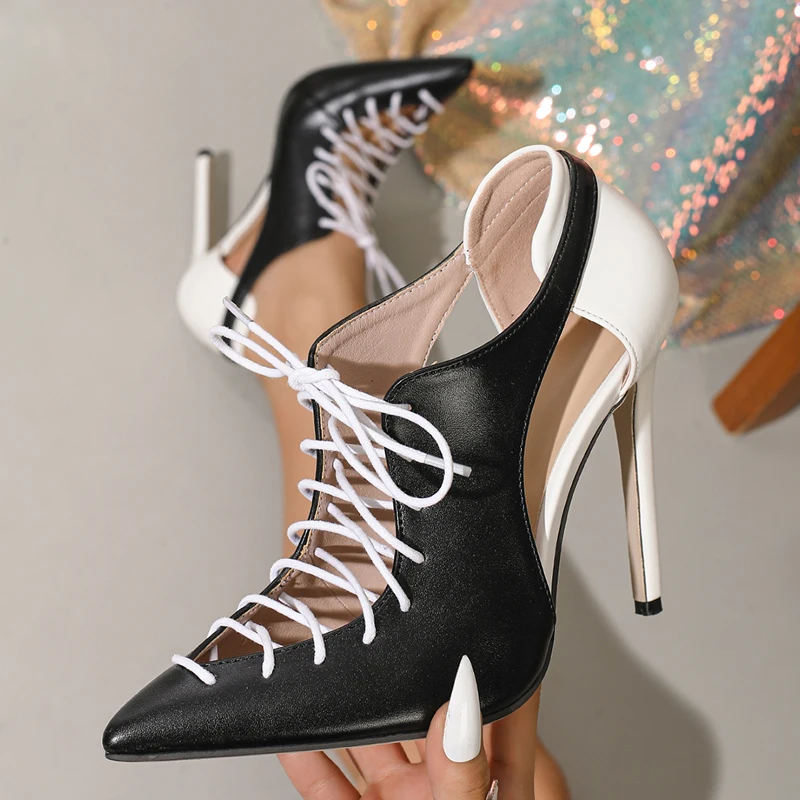 

Aneikeh Spring Fashion High-heeled Hollow Sandals Ankle Boots Black White Splicing Pointed Toe Single Shoes Modern Short Botas